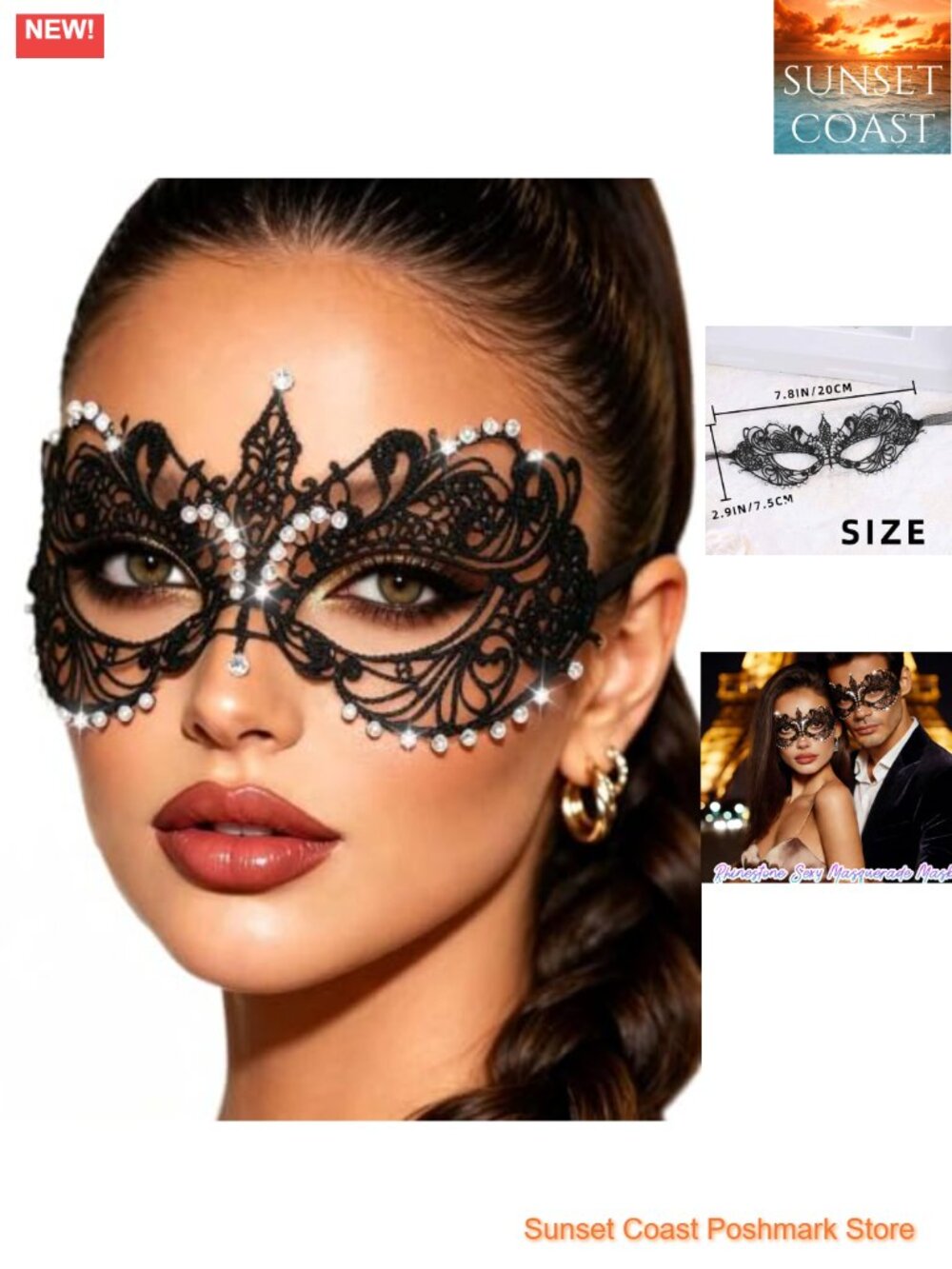 Lace Masquerade Mask with Rhinestones Adjustable Costume Party Eye Mask